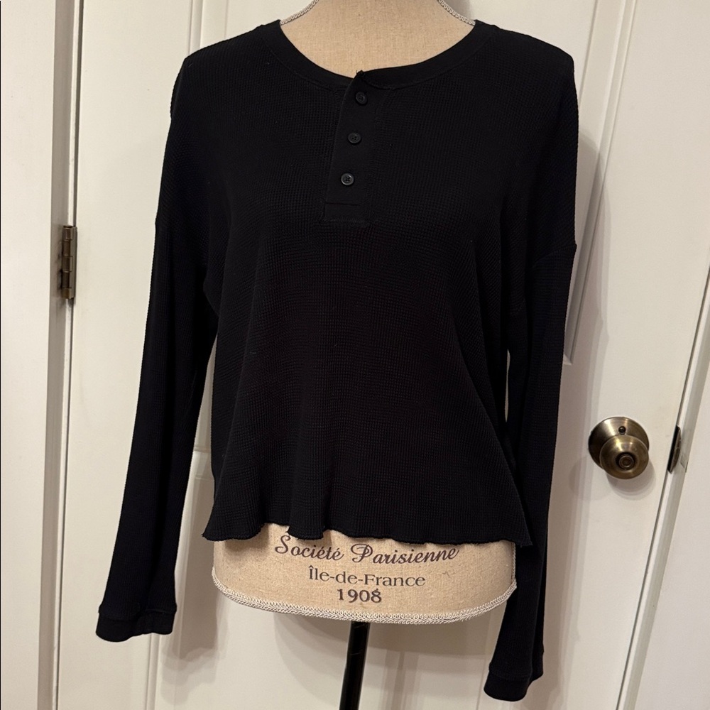 EVERLANE TOP TEE LONG SLEEVE BLACK WAFFLE KNIT COTTON BOXY SIZE S CROPPED (mens)